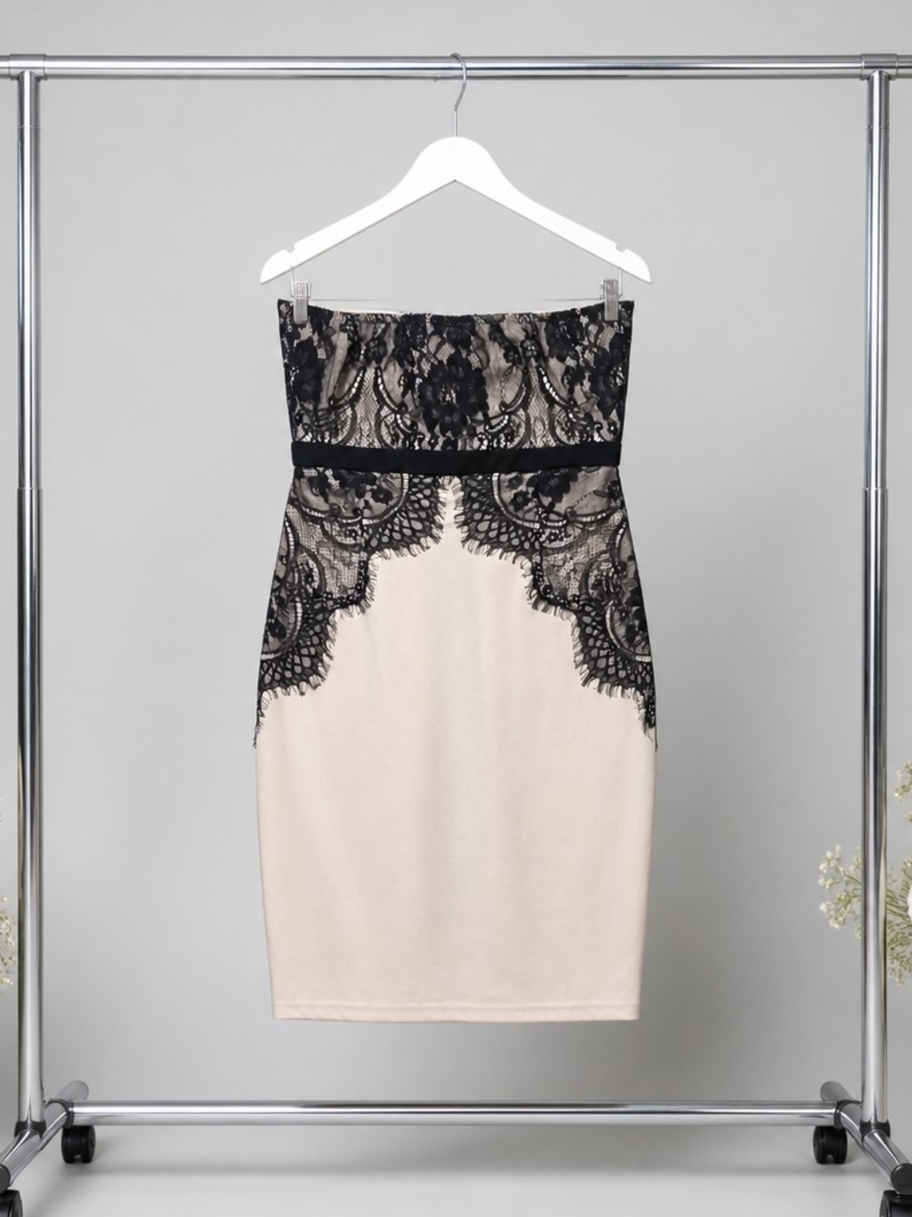 Windsor Strapless Bodycon Blush and Black Lace Sheath Dress - Picture 3 of 11